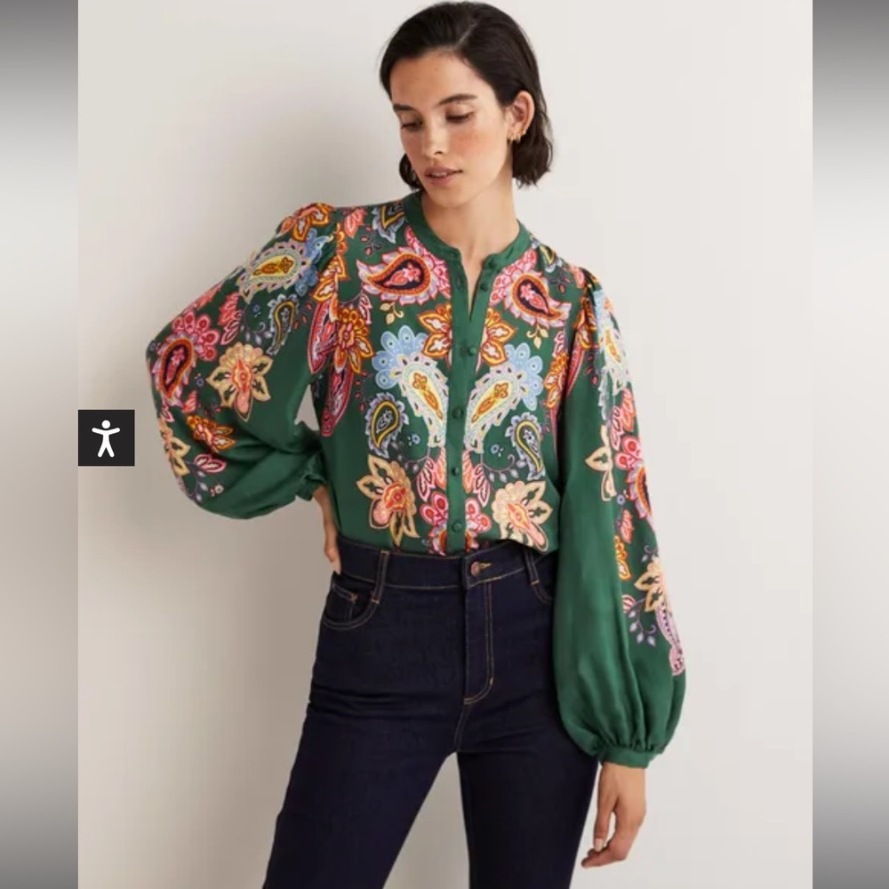 Boden Blouson Sleeve Blouse Green Paisley Size 10 Medium